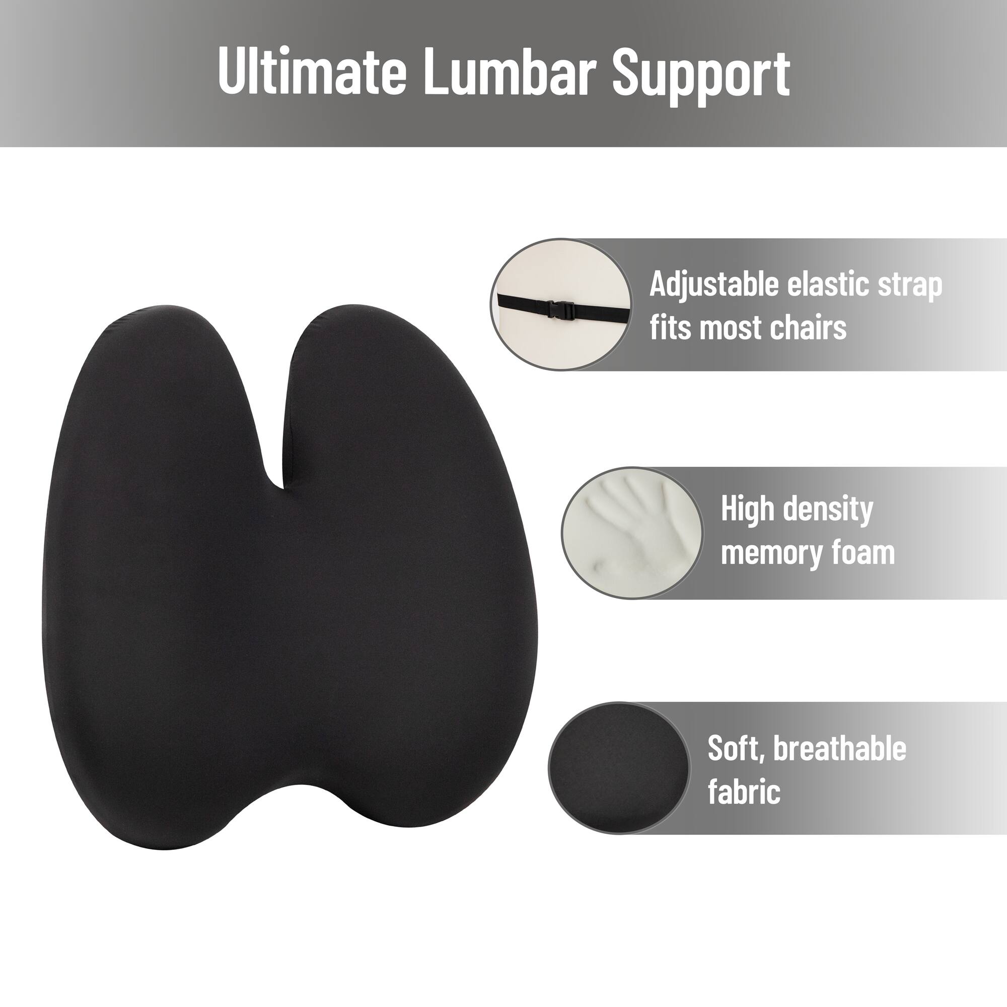 Mind Reader 15.25" Black Lumbar Support Memory Foam Pillow with Air-Cloud Technology